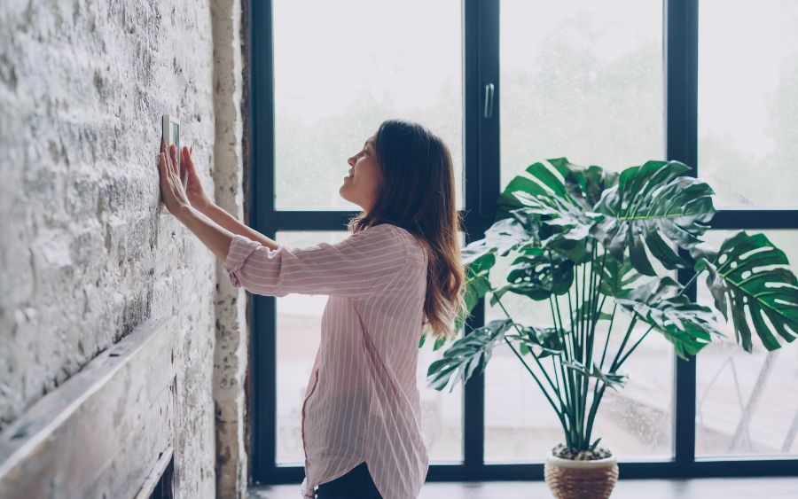 Homeowner adjusting the thermostat in a bright living room